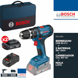 Berbequim Bosch Profissional GSB 18-2-LI + 2 Baterias 18V 1.5Ah + Carregador + Mala (0615990K45)