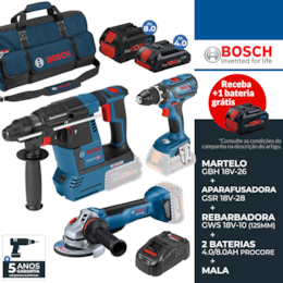 Kit Bosch Profissional Aparafusadora GSR 18V-28 + Rebarbadora GWS 18V-10 125MM + Martelo Perfurador GBH 18V-26 + 2 Baterias 4.0/8.0Ah + Carregador + Mala Lona (0615990M3C)