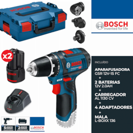 Aparafusadora Bosch Profissional GSR 12V-15 FC + Adaptadores + 2 Baterias 12V 2.0Ah + Mala (06019F6000)