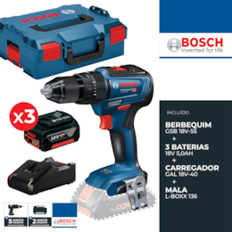 Berbequim c/ Percussão Bosch Profissional GSB 18V-55 + 3 Baterias 18V 5.0Ah + Carregador + Mala (0615990L86)