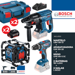 Kit Bosch Profissional Martelo GBH 18V-21 + Aparafusadora GSR 18V-28 + Rádio GPB 18V-5 C + 2 Baterias 4.0Ah + Carregador + 2 Malas