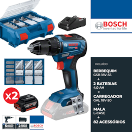 Berbequim c/ Percussão Bosch Profissional GSB 18V-55 + 2 Baterias 18V 4.0Ah + Carregador + Mala + 82 Acessórios (06019H530A)