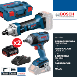 Kit Bosch Profissional Aparafusadora Impacto GDS 18V-300 + Retificadora GGS 18V-LI + 2 Baterias 4.0Ah + Carregador + Mala