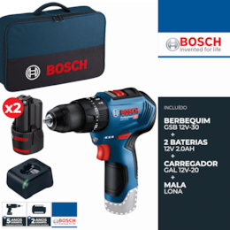 Berbequim c/ Percussão Bosch Profissional GSB 12V-30 + 2 Baterias 12V 2.0Ah + Carregador (06019G9104)
