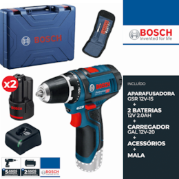 Aparafusadora Bosch Profissional GSR 12V-15 + 2 Baterias 2.0Ah + Carregador + Mala + Acessórios (060186810G)