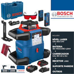 Nível Laser Rotativo Bosch GRL 600 CHV + Recetor LR6 + Bateria ProCore 4.0Ah + Carregador + Mala + Outros (0601061F00)