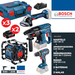 Kit Bosch Profissional Martelo GBH 18V-21 + Aparafusadora GSR 18V-28 + Rebarbadora GWS 18V-7 125MM + Rádio GPB 18V-5 C + 2 Baterias 4.0Ah + 3 Malas