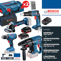 Kit Bosch Profissional Martelo GBH 18V-21 + Aparafusadora GSR 18V-21 + Rebarbadora GWS 18V-7 115MM + Aparaf. Gesso Cartonado GSR 18V-EC TE + 2 Bateria