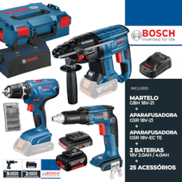 Kit Bosch Profissional Martelo GBH 18V-21 + Aparafusadora GSR 18V-21 + Aparafusadora p/ Gesso Cartonado GSR 18 V-EC TE + 2 Baterias 2.0/4.0Ah