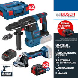 Kit Bosch Profissional Martelo GBH 18V-26 F + Rebarbadora GWS 18V-7 125MM + 2 Baterias 5.5Ah ProCore + Carregador + 2 Malas