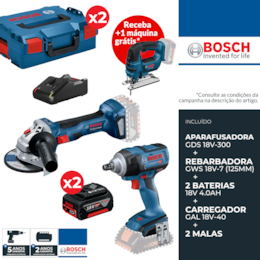 Kit Bosch Profissional Aparafusadora Impacto GDS 18V-300 + Rebarbadora GWS 18V-7 125MM + 2 Baterias 4.0Ah + Carregador + Mala