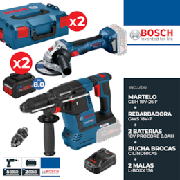 Kit Bosch Martelo GBH 18V-26 F + Rebarbadora GWS 18V-7 125MM + 2 Baterias 8.0Ah ProCore + Carregador + 2 Malas