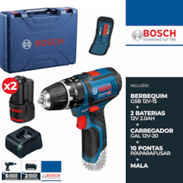 Berbequim Bosch Profissional GSB 12V-15 + 2 Baterias 2.0Ah + Carregador + Mala + Acessórios (06019B690J)