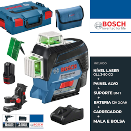 Nível Laser Linhas Bosch GLL 3-80 CG + Bateria 12V 2.0Ah + Carregador + Suporte Universal BM 1 + Mala + Bolsa (0601063T00)