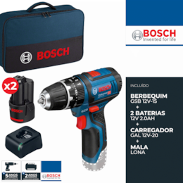 Berbequim Bosch Profissional GSB 12V-15 + 2 Baterias 2.0Ah + Carregador + Mala + Acessórios (06019B690H)