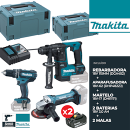Kit Makita Martelo Perfurador 18V-17 (DHR171) + Rebarbadora 18V 115MM (DGA452) + Berbequim c/ Percussão Makita 18V-62 + 2 Baterias 18V 3.0Ah + 2 Malas