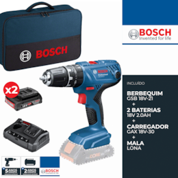 Berbequim c/ Percussão Bosch Profissional GSB 18V-21 + 2 Baterias 18V 2.0Ah + Carregador + Mala (0615990K41)
