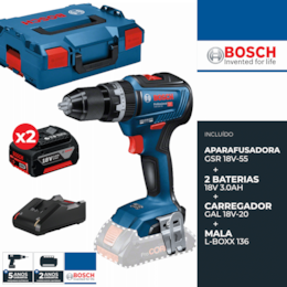Aparafusadora Bosch Profissional GSR 18V-55 + 2 Baterias 3.0Ah + Carregador + Mala (0615990L8A)
