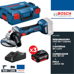 Rebarbadora Bosch Profissional GWS 18V-7 125MM + 3 Baterias 4.0Ah + Carregador + Mala