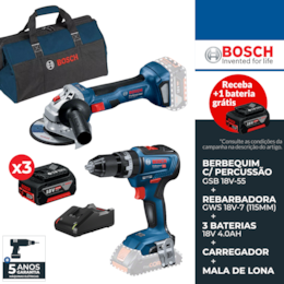 Kit Bosch Profissional Berbequim c/ Percussão GSB 18V-55 + Rebarbadora GWS 18V-7 115MM + 3 Baterias 18V 4.0Ah + Carregador + Mala Lona