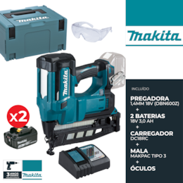 Pistola de Pregos Makita 18V (DBN600Z) + 2 Baterias 18V 3.0Ah + Carregador + Mala