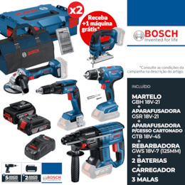 Kit Bosch Profissional Martelo GBH 18V-21 + Aparafusadora GSR 18V-21 + Aparafusadora p/ Gesso Cartonado GTB 18V-45 + Rebarbadora GWS 18V-7 125MM + 2 Baterias 4.0Ah/2.0Ah + Carregador + 3 Malas