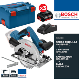 Serra Circular Bosch Profissional GKS 18V-57 G + 3 Baterias 5.0Ah + Carregador + Mala (0615990N1G)