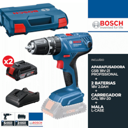 Aparafusadora Bosch Profissional GSB 18V-21 + 2 Baterias 18V 2.0Ah + Carregador + Mala (06019H1109)