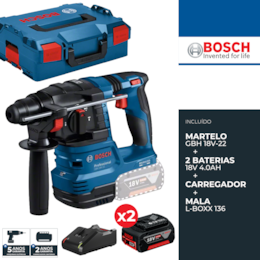 Martelo Perfurador Bosch Profissional SDS-Plus GBH 18V-22 + 2 Baterias 18V 4.0Ah + Carregador + Mala (0611924002)