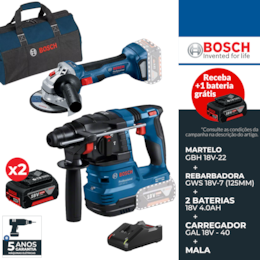  Kit Bosch Profissional Martelo GBH 18V-22 + Rebarbadora GWS 18V-7 125MM + 2 Baterias 18V 4.0Ah + Carregador +  Mala (0615A50037)