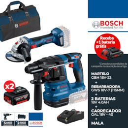 Kit Bosch Martelo Profissional GBH 18V-22 + Rebarbadora GWS 18V-7 115MM + 2 Baterias 18V 4.0Ah + Carregador +  Mala (0615A50037)
