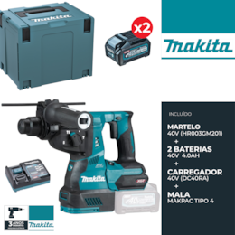 Martelo Perfurador Makita 40V + 2 Baterias 40V 4.0Ah + Carregador + Mala (HR003GM201)