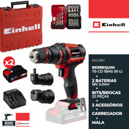 Berbequim Einhell TE-CD 18/45 3X-Li + 2 Baterias 18V 2.0Ah + Carregador + Acessórios + Mala