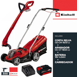 Kit Einhell Corta Relva GE-CM 18/33 Li + Aparador GC-CT 18/24 Li + Bateria 18V 4.0Ah + Carregador