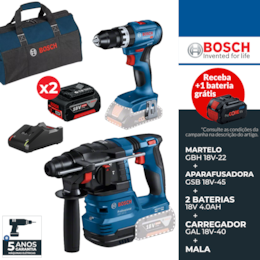 Kit Bosch Martelo Profissional GBH 18V-22 + Berbequim GSB 18V-45 + 2 Baterias 18V 4.0Ah + Carregador + Mala (0615A50039)