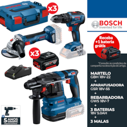 Kit Bosch Profissional Martelo GBH 18V-22 + Aparafusadora GSR 18V-55 + Rebarbadora GWS 18V-7 115MM + 3 Baterias 18V 5.0Ah + 3 Malas