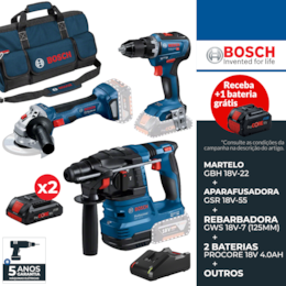 Kit Bosch Profissional Martelo Perfurador GBH 18V-22 + Aparafusadora GSR 18V-55 + Rebarbadora GWS 18V-7 125MM + 2 Baterias ProCore 18V 4.0Ah + Carregador + Mala (0615A50035)