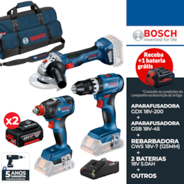 Kit Bosch Profissional Aparafusadora GSB 18V-45 + Aparafusadora Impacto GDX 18V-200 + Rebarbadora GWS 18V-7 + 2 Baterias 18V 5.0Ah + Carregador + Mala (0615990N31)