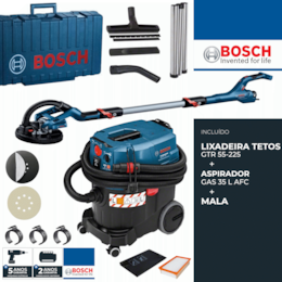 Kit Bosch Lixadeira Tetos GTR 55-225 (06017D4000) + Aspirador GAS 35 L AFC c/ Limpeza Automática do Filtro - 35L (06019C3200) + Acessórios + Mala