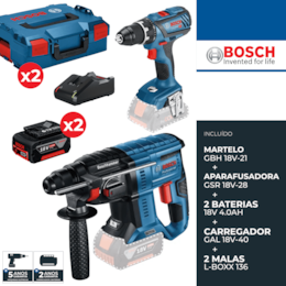 Kit Bosch Martelo Profissional GBH 18V-21 + Aparafusadora GSR 18V-28 + 2 Baterias 18V 4.0Ah + Carregador + Mala (0615990M0R)