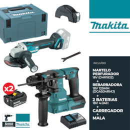Kit Makita Rebarbadora 18V 125MM (DGA504RMJ) + Martelo Perfurador 18V (DHR183Z) + 2 Baterias 18V 4.0Ah + Carregador + Mala 