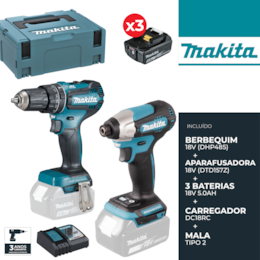 a Kit Makita Berbequim 18V (DHP485RTJ) + Aparafusadora Impacto 18V (DTD157Z) + 3 Baterias 18V 5.0Ah + Carregador + Mala