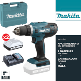 Aparafusadora Makita 18V + 2 Baterias 18V 2.0Ah + Carregador + Mala (DF488D004)