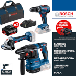  Kit Bosch Profissional Martelo GBH 18V-22 + Berbequim c/ Percussão GSB 18V-55 + Rebarbadora GWS 18V-7 115MM + 2 Baterias 4.0Ah + Carregador + Mala