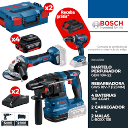 a Kit Bosch Profissional Martelo Perfurador SDS-Plus GBH 18V-22 + Rebarbadora GWS 18V-7 125MM + 4 Baterias 18V 4.0Ah + 2 Carregadores + 2 Malas