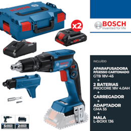 Aparafusadora p/ Gesso Cartonado Bosch GTB 18V-45 + Auto Alimentador GMA 55 + 2 Baterias ProCore 18V 4.0Ah + Carregador + Mala