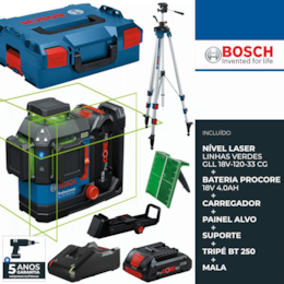 Nível Laser Bosch GLL 18V-120-33 CG + Bateria ProCore 18V 4.0Ah + Carregador + Suporte DK20 + Mala + Tripé BT 250