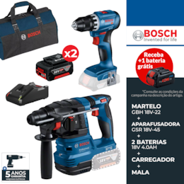 Kit Bosch Martelo Perfurador SDS-Plus GBH 18V-22 + Aparafusadora GSR 18V-45 + 2 Baterias 4.0Ah + Carregador + Mala