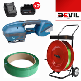Kit Máquina de Cintar Embalagens V2 + 2 Baterias + Carregador + Carro Dispensador de Cinta + Rolo de Cinta 15MM 24KG
