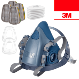 Máscara de Proteção 3M Semi Facial Reutilizável 7502 + Filtro Gás e Vapores Orgânicos, Amoníaco e Gás Ácido 6059 ABEK1 + Pré Filtro de Partículas 5935 P3 R + Retentor 501